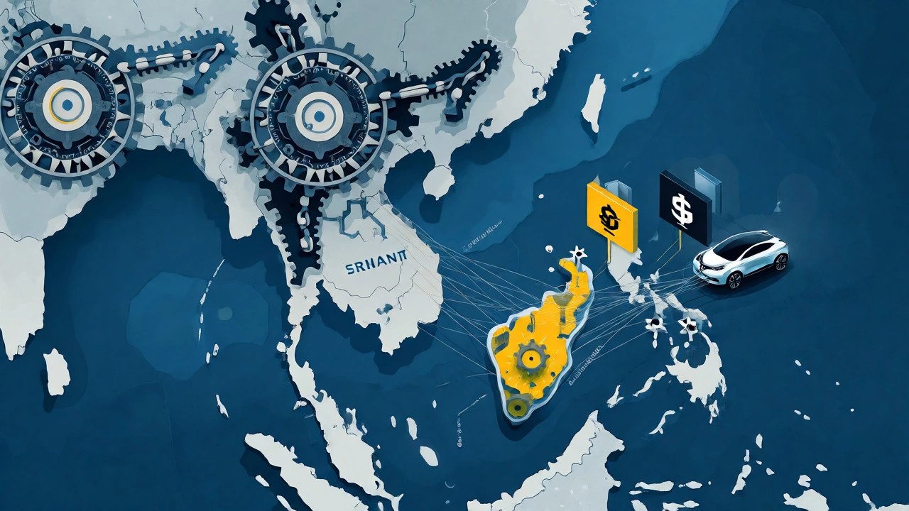 Conceptual map comparing Sri Lanka's import-dependent auto sector to regional manufacturing hubs.
