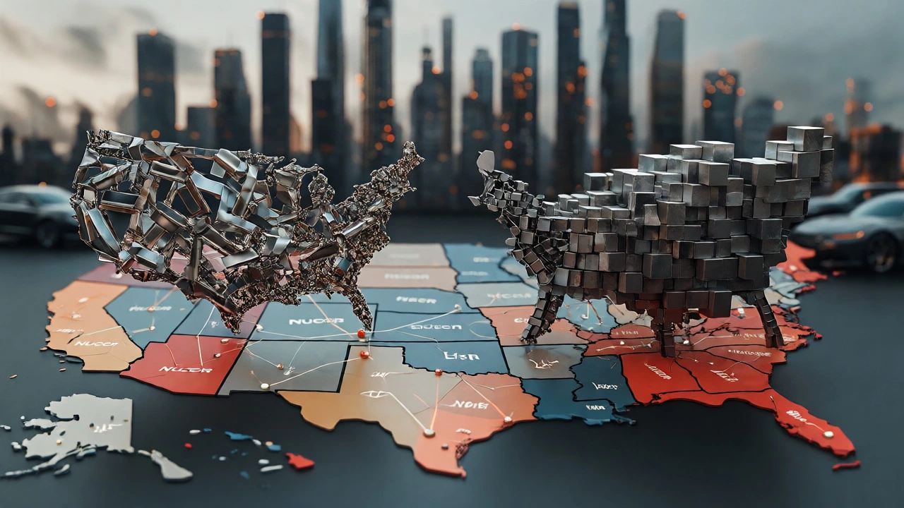 Conceptual map showing Nucor and Cleveland-Cliffs steel market dominance in the US.