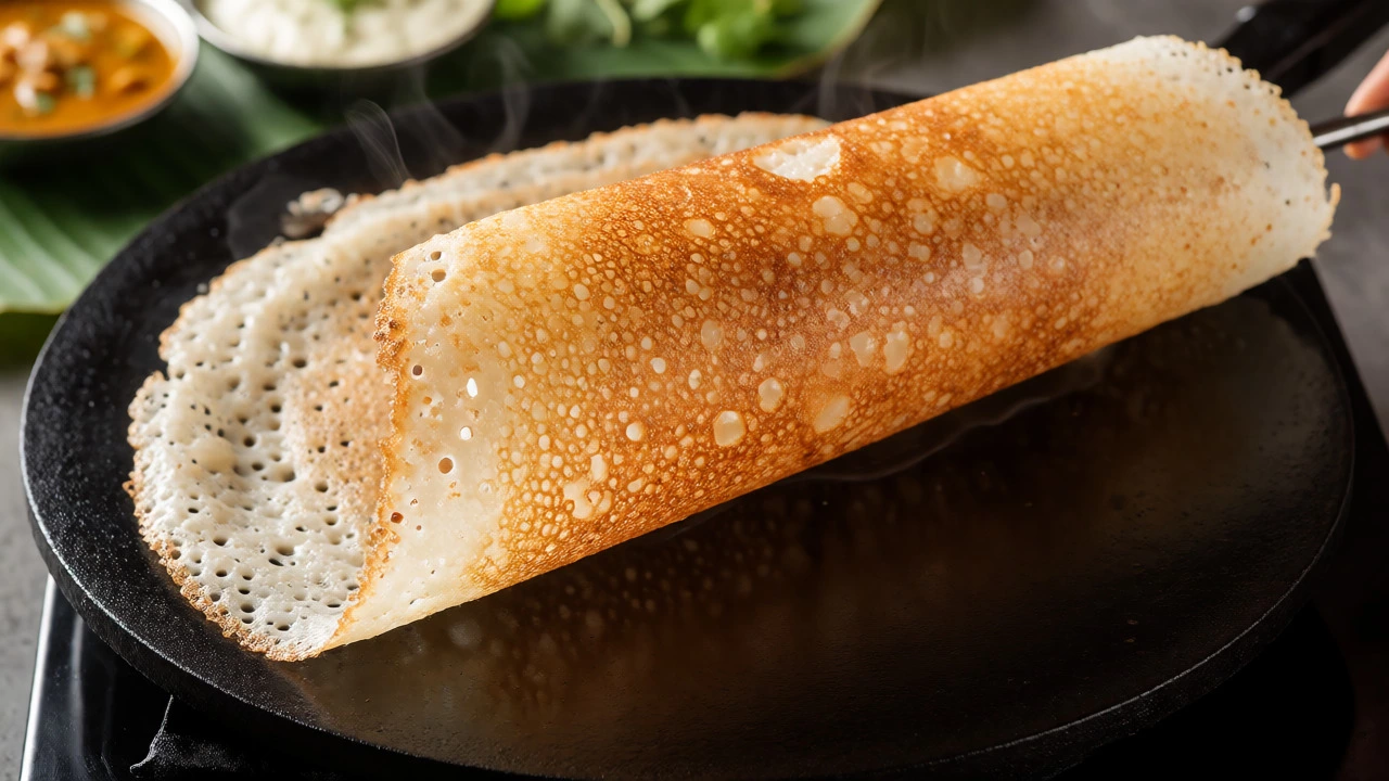 Crispy golden dosa lifting from a hot griddle revealing a soft, moist interior texture.