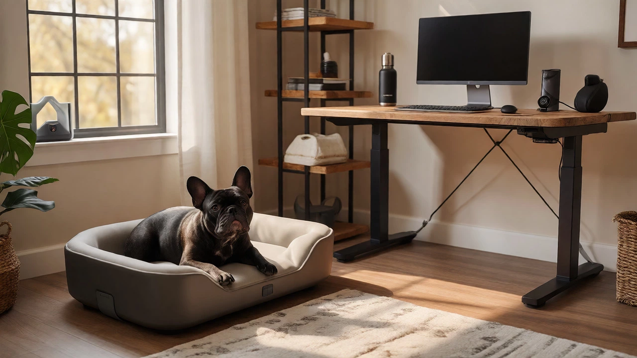 French Bulldog on an orthopedic bed near a reclaimed wood home office setup