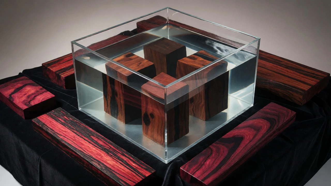 Ironwood sinking in water next to polished Rosewood slabs