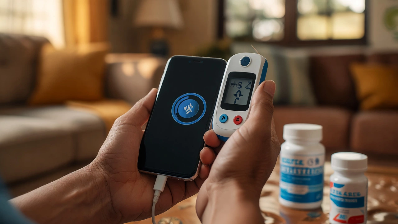 Patient using a connected glucose meter at home, illustrating digital health integration.