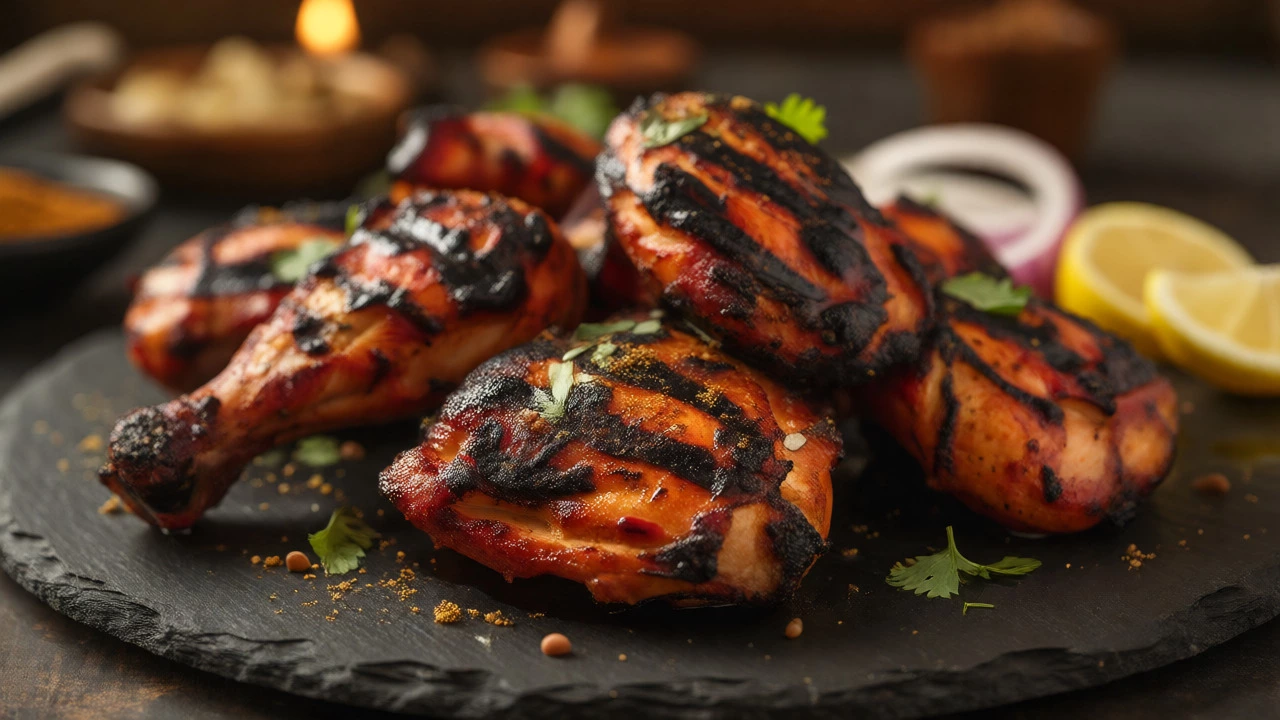Resting tandoori chicken with charred exterior on a slate plate