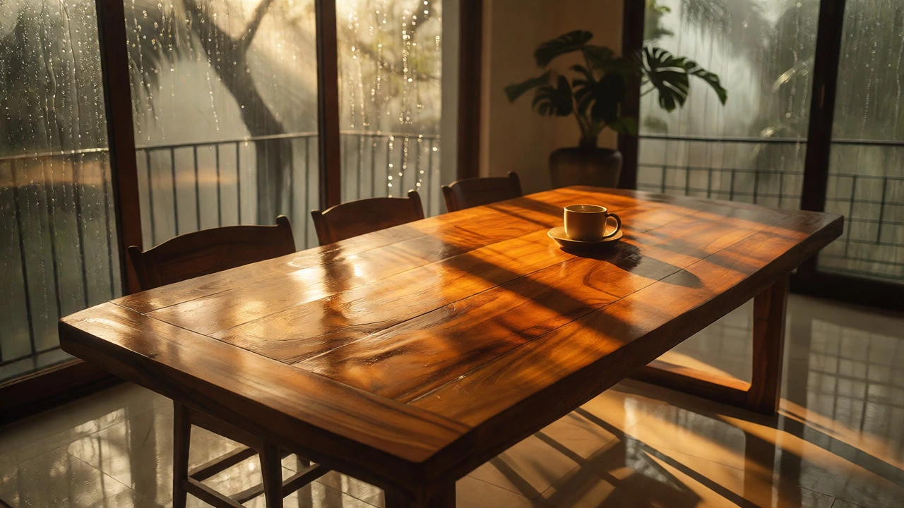 Teak dining table in sunlit room with monsoon rain outside