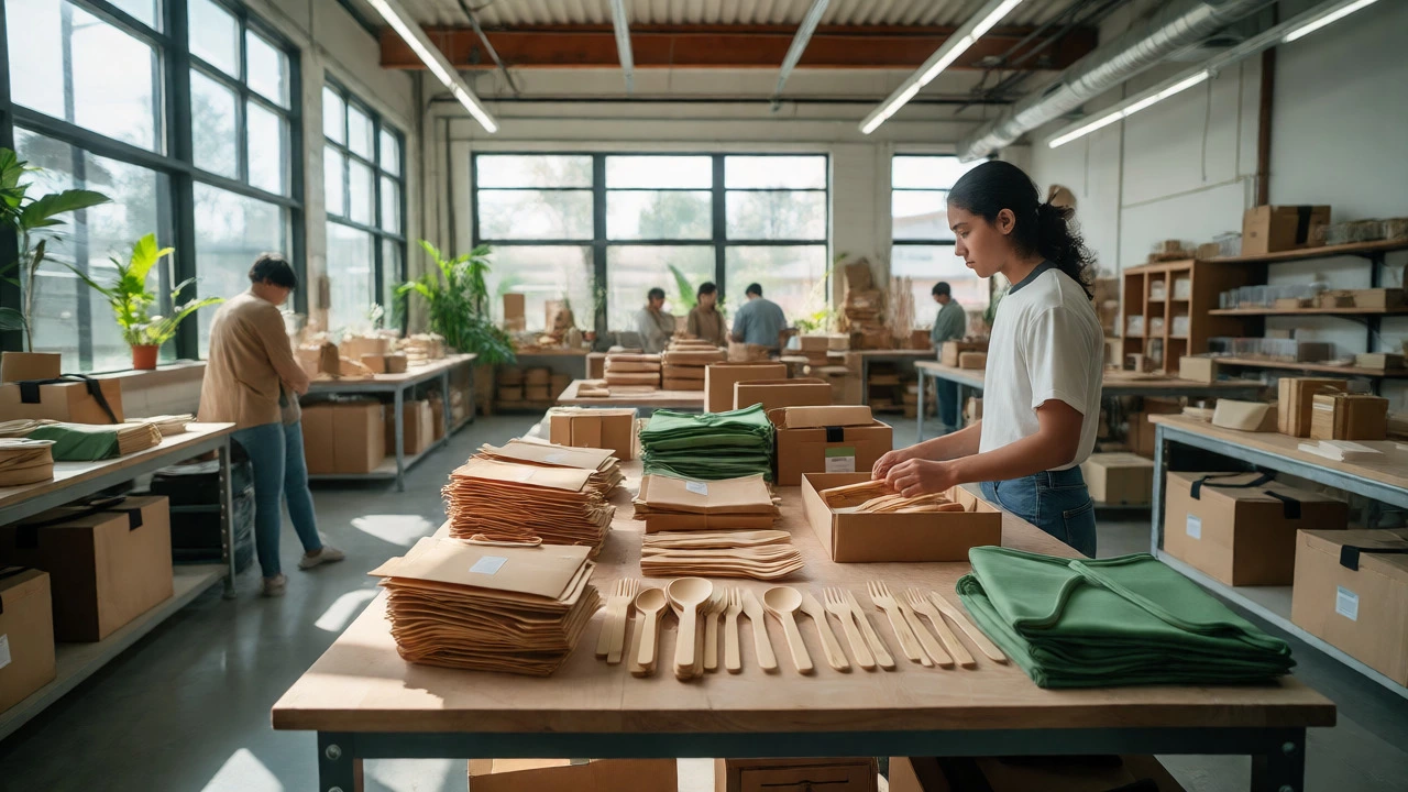 Worker assembling bamboo cutlery in a bright, sustainable packaging workshop